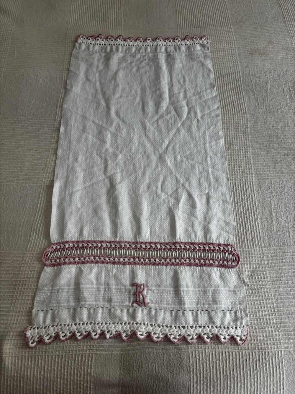 White Linen-Blend “R” Embroidered Towel with Pink Crochet Trim